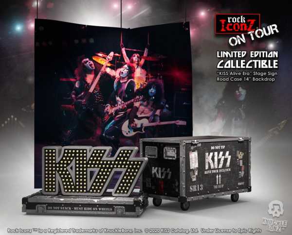 VORBESTELLUNG ! Rock Ikonz Kiss On Tour Road Case Set Alive! Tour Statue & Bühnenhintergrund
